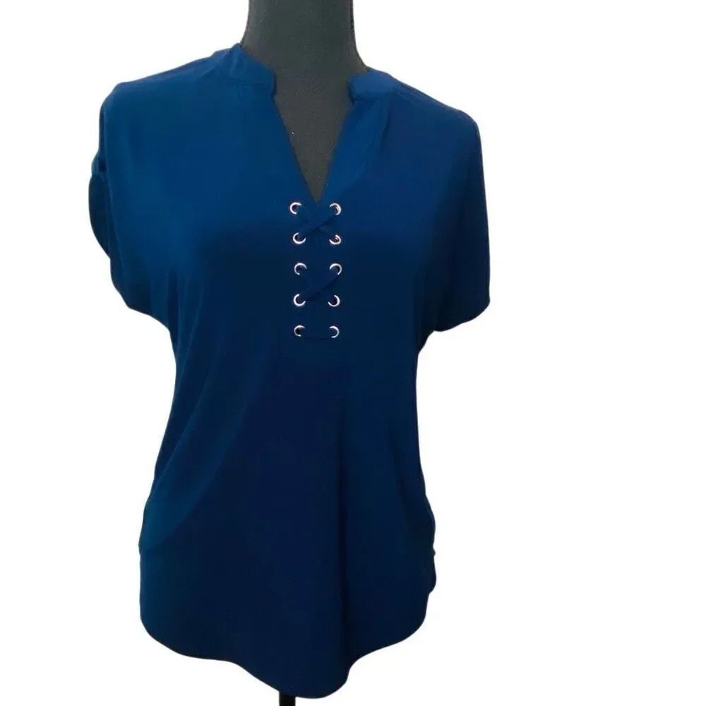 Michael Kors Lace-up Roll Tab Short Sleeve Rayon Blend Blouse Blue Small